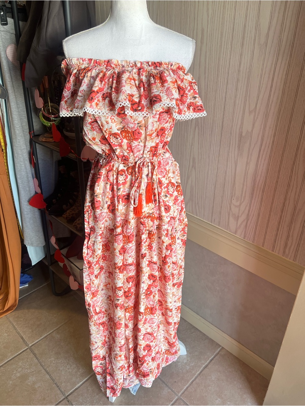 Off-Shoulder Floral Maxi Dress in Coral Pink Print - Picture 2 of 9